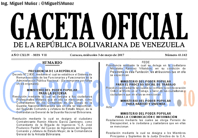 Gaceta Oficial 41142 del 3 mayo 2017 Gaceta Oficial 41142 del 3 mayo 2017