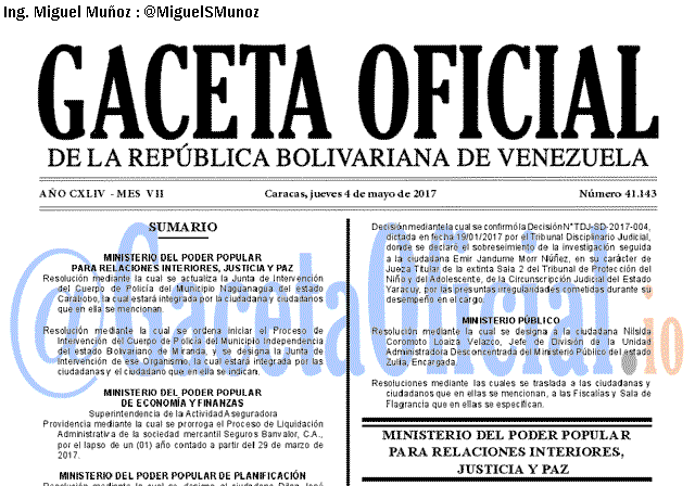 Gaceta Oficial 41143 del 4 mayo 2017 Gaceta Oficial 41143 del 4 mayo 2017