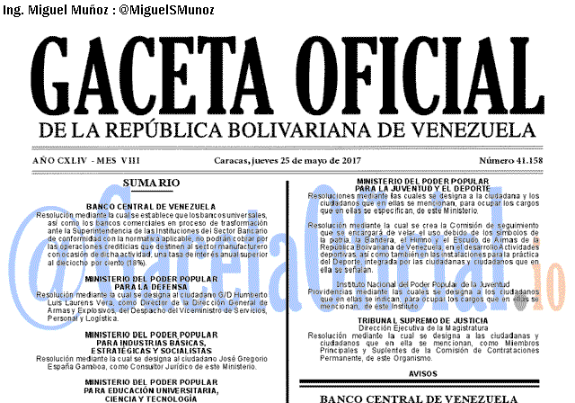Gaceta Oficial 41158 del 25 mayo 2017