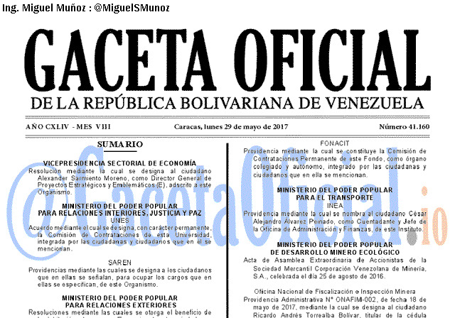 Gaceta Oficial 41160 del 29 mayo 2017 Gaceta Oficial 41160 del 29 mayo 2017