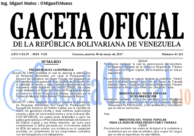 Gaceta Oficial 41161 del 30 mayo 2017 Gaceta Oficial 41161 del 30 mayo 2017