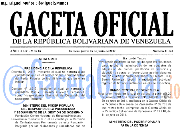 Gaceta Oficial 41173 del 15 junio 2017 Gaceta Oficial 41173 del 15 junio 2017