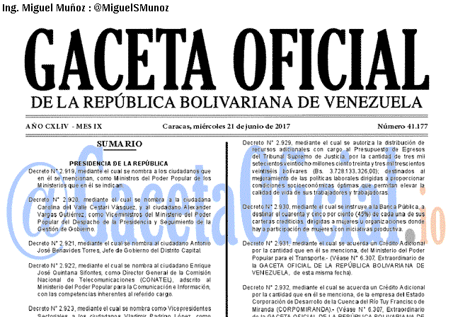 Gaceta Oficial 41177 del 21 junio 2017 Gaceta Oficial 41177 del 21 junio 2017