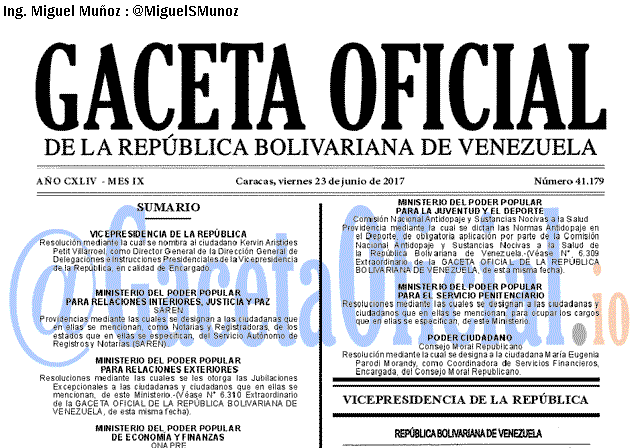 Gaceta Oficial 41179 del 23 junio 2017 Gaceta Oficial 41179 del 23 junio 2017