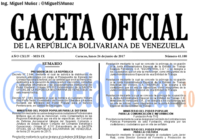 Gaceta Oficial 41180 del 26 junio 2017 Gaceta Oficial 41180 del 26 junio 2017