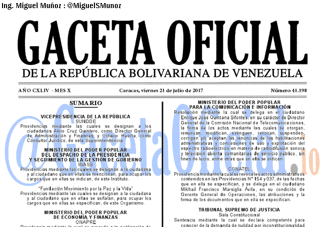 Gaceta Oficial 41198 del 21 julio 2017