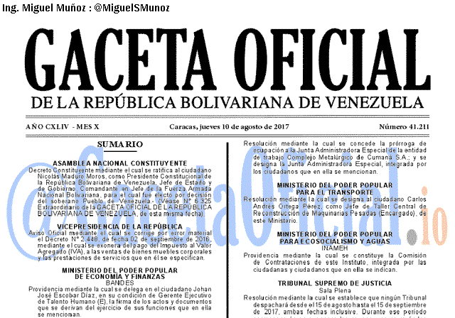 Gaceta Oficial 41211 del 10 agosto 2017
