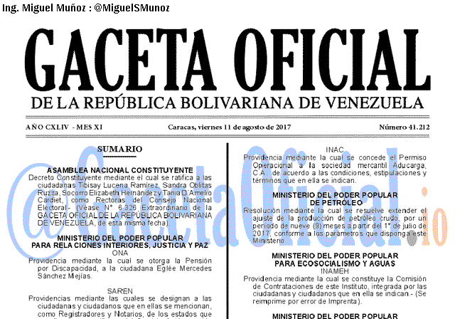 Gaceta Oficial 41212 del 11 agosto 2017