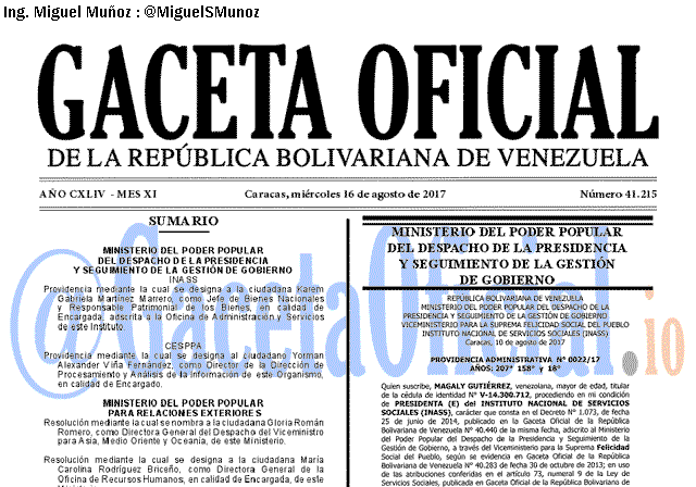 Gaceta Oficial 41215 del 16 agosto 2017