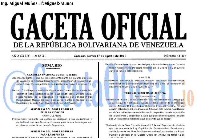 Gaceta Oficial 41216 del 17 agosto 2017