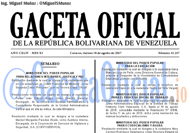 Gaceta Oficial 41217 del 18 agosto 2017