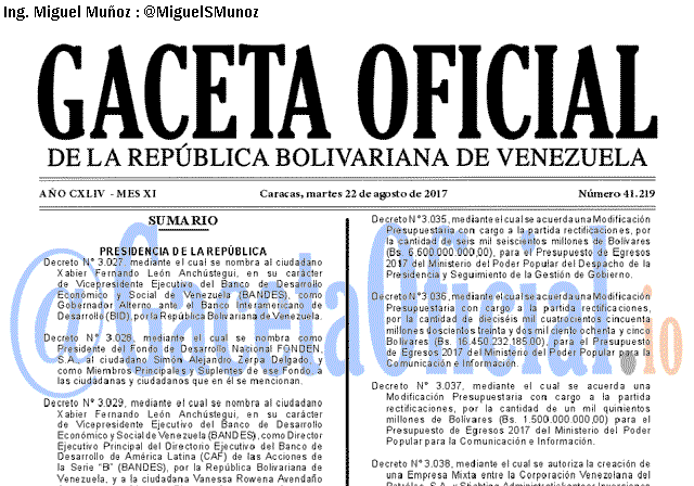 Gaceta Oficial 41219 del 22 agosto 2017 Gaceta Oficial 41219 del 22 agosto 2017