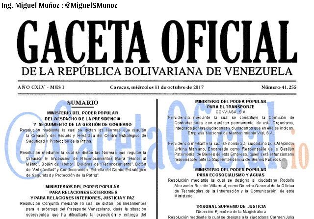 Gaceta Oficial 41255 del 11 octubre 2017