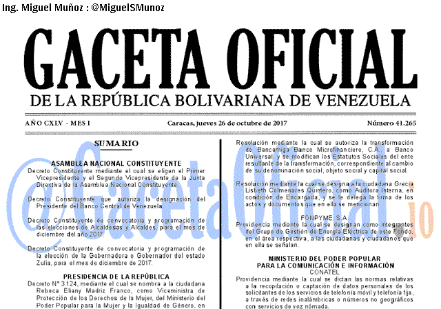 Gaceta Oficial 41265 del 26 octubre 2017