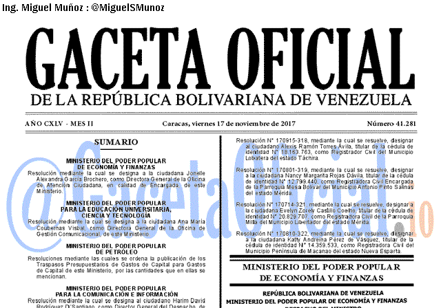 Gaceta Oficial 41281 del 17 noviembre 2017 Gaceta Oficial 41281 del 17 noviembre 2017