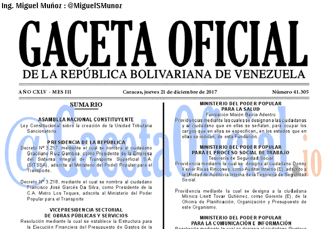 Gaceta Oficial 41301 del 21 diciembre 2017