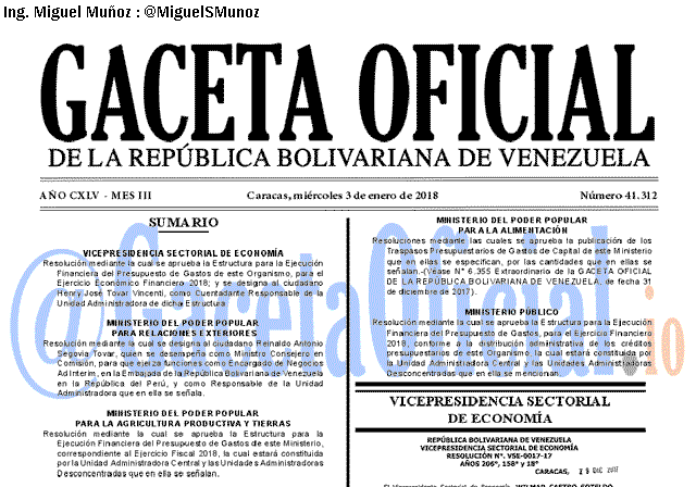 Gaceta Oficial 41312 del 3 enero 2018 Gaceta Oficial 41312 del 3 enero 2018