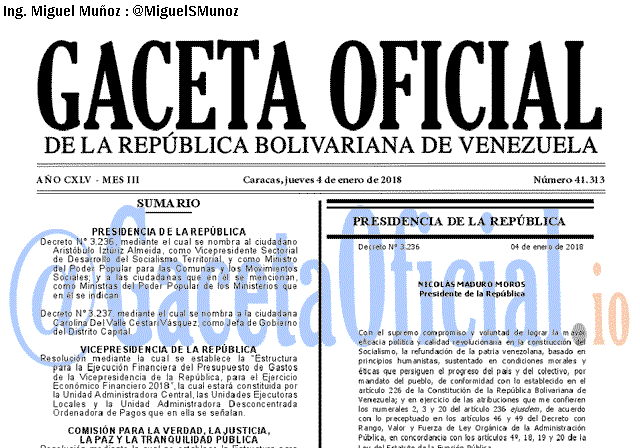 Gaceta Oficial 41313 del 4 enero 2018 Gaceta Oficial 41313 del 4 enero 2018