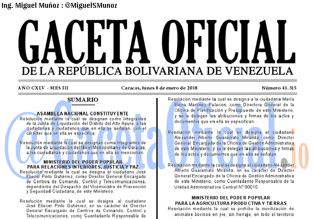 Gaceta Oficial 41315 del 8 enero 2018 Gaceta Oficial 41315 del 8 enero 2018