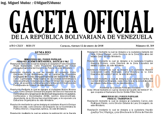 Gaceta Oficial 41319 del 12 enero 2018 Gaceta Oficial 41319 del 12 enero 2018