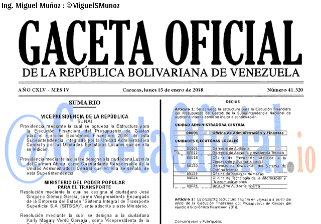 Gaceta Oficial 41320 del 15 enero 2018 Gaceta Oficial 41320 del 15 enero 2018