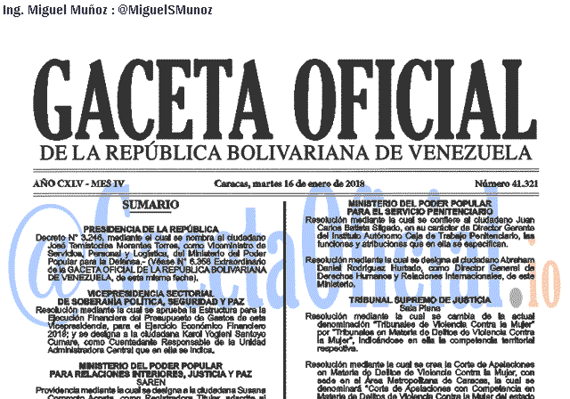 Gaceta Oficial 41321 del 16 enero 2018 Gaceta Oficial 41321 del 16 enero 2018