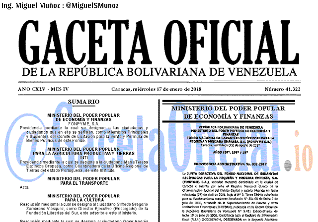 Gaceta Oficial 41322 del 17 enero 2018 Gaceta Oficial 41322 del 17 enero 2018