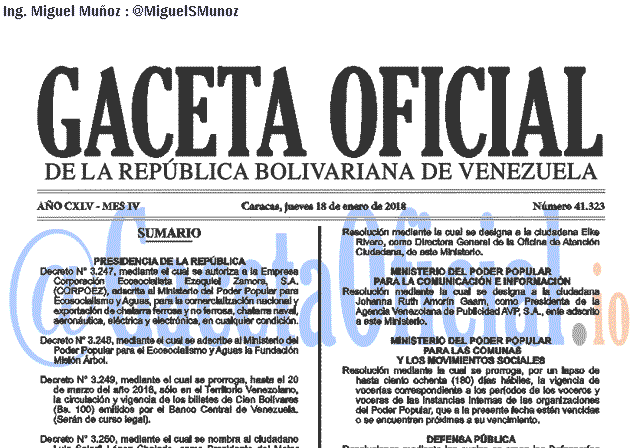 Gaceta Oficial 41323 del 18 enero 2018 Gaceta Oficial 41323 del 18 enero 2018