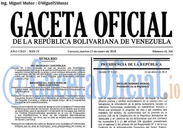Gaceta Oficial 41326 del 23 enero 2018 Gaceta Oficial 41326 del 23 enero 2018