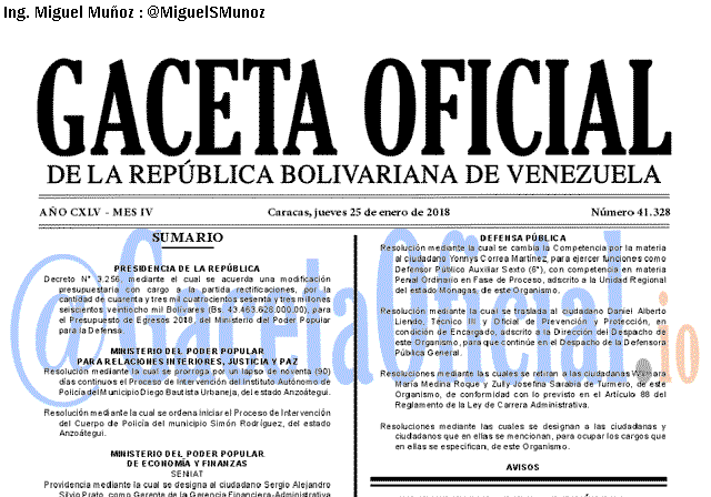 Gaceta Oficial 41328 del 25 enero 2018 Gaceta Oficial 41328 del 25 enero 2018
