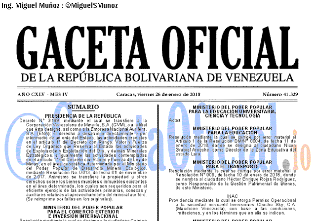Gaceta Oficial 41329 del 26 enero 2018 Gaceta Oficial 41329 del 26 enero 2018