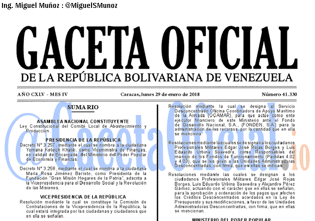 Gaceta Oficial 41330 del 29 enero 2018 Gaceta Oficial 41330 del 29 enero 2018