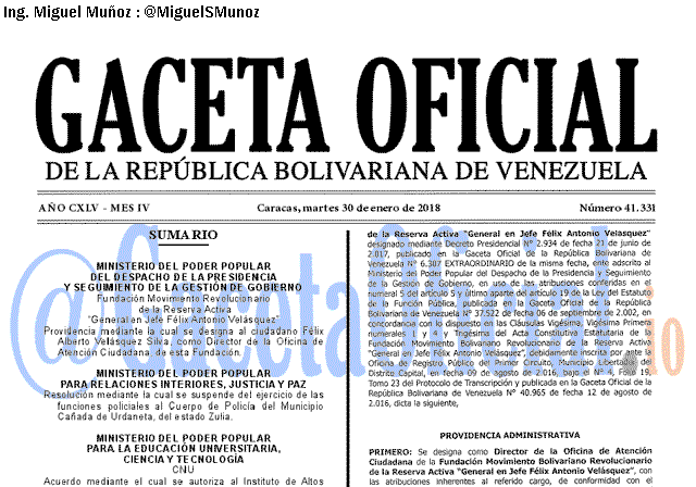 Gaceta Oficial 41331 del 30 enero 2018 Gaceta Oficial 41331 del 30 enero 2018