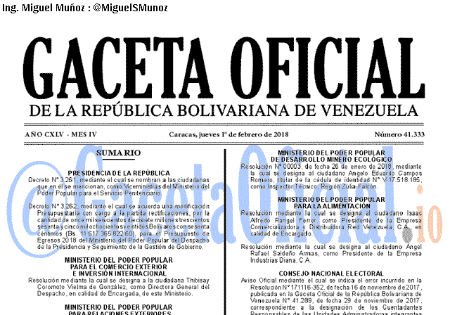 Gaceta Oficial 41333 del 1 Febrero 2018 Gaceta Oficial 41333 del 3 Febrero 2018