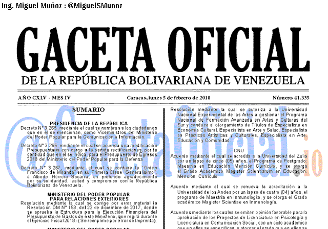 Gaceta Oficial 41335 del 5 Febrero 2018 Gaceta Oficial 41335 del 5 Febrero 2018