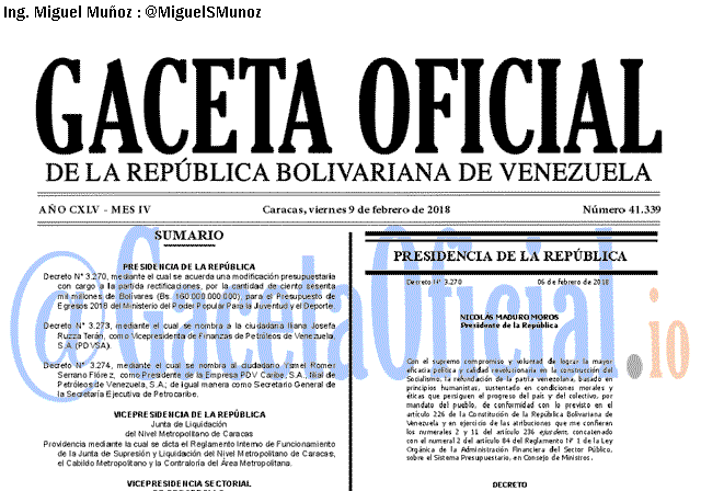 Gaceta Oficial 41339 del 9 Febrero 2018 Gaceta Oficial 41339 del 9 Febrero 2018