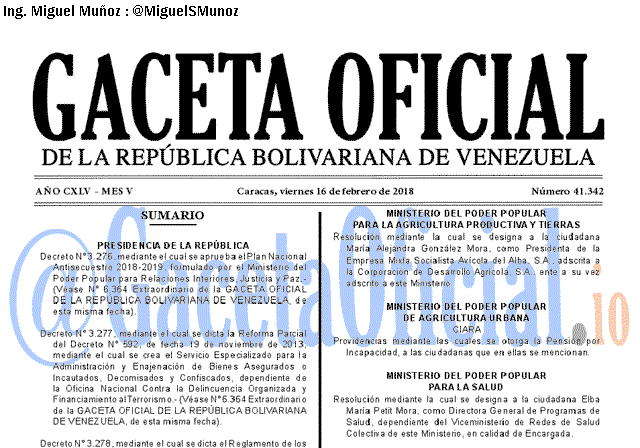 Gaceta Oficial 41342 del 16 Febrero 2018