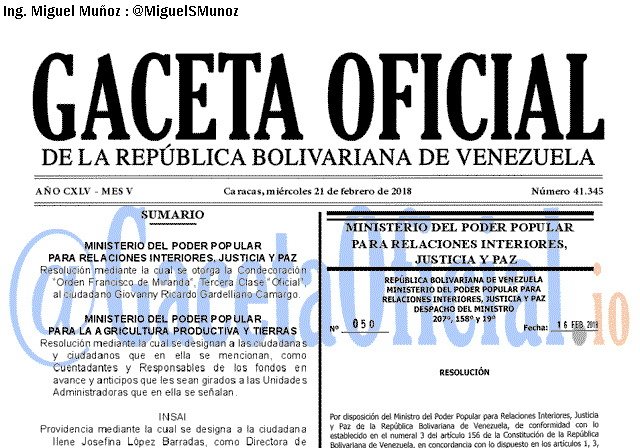 Gaceta Oficial 41345 del 21 Febrero 2018 Gaceta Oficial 41345 del 21 Febrero 2018