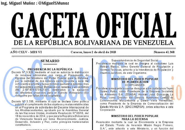 Gaceta Oficial 41368 del 2 abril 2018 Gaceta Oficial 41368 del 2 abril 2018