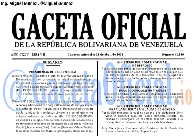 Gaceta Oficial 41380 del 18 abril 2018 Gaceta Oficial 41380 del 18 abril 2018