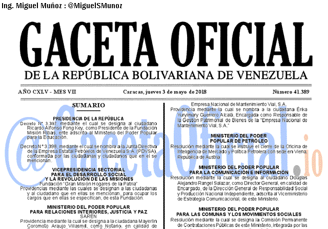 Gaceta Oficial 41389 del 3 mayo 2018 Gaceta Oficial 41389 del 3 mayo 2018