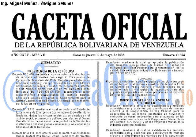 Gaceta Oficial 41394 del 10 mayo 2018 Gaceta Oficial 41394 del 10 mayo 2018