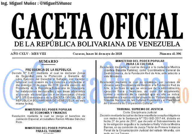 Gaceta Oficial 41396 del 14 mayo 2018 Gaceta Oficial 41396 del 14 mayo 2018