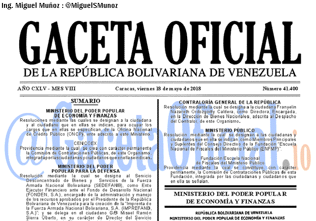 Gaceta Oficial 41400 del 18 mayo 2018 Gaceta Oficial 41400 del 18 mayo 2018