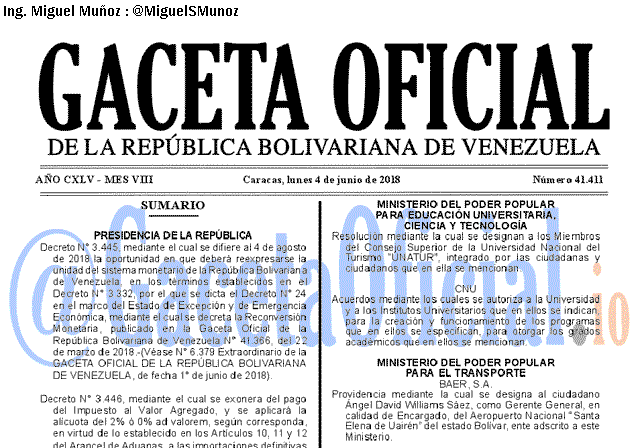 Gaceta Oficial 41411 del 4 junio 2018 Gaceta Oficial 41411 del 4 junio 2018