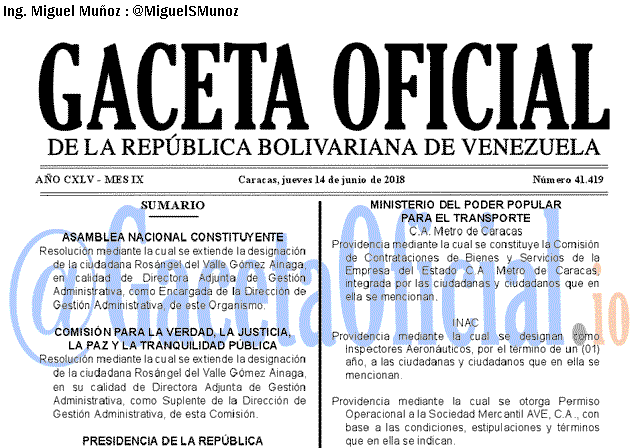 Gaceta Oficial 41419 del 14 junio 2018 Gaceta Oficial 41419 del 14 junio 2018