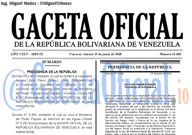 Gaceta Oficial 41420 del 15 junio 2018