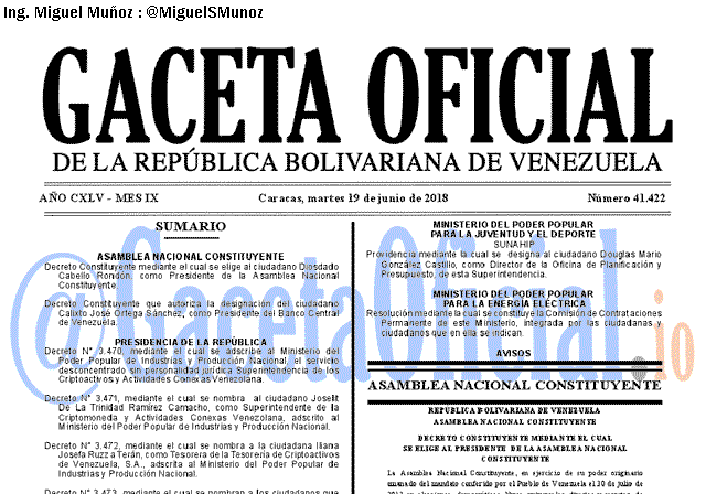 Gaceta Oficial 41422 del 19 junio 2018 Gaceta Oficial 41422 del 19 junio 2018