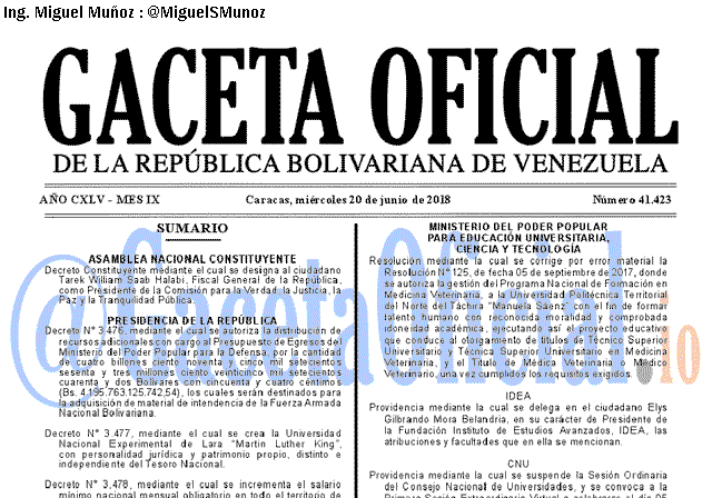Gaceta Oficial 41423 del 20 junio 2018 Gaceta Oficial 41423 del 20 junio 2018
