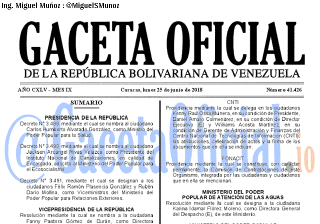 Gaceta Oficial 41426 del 25 junio 2018